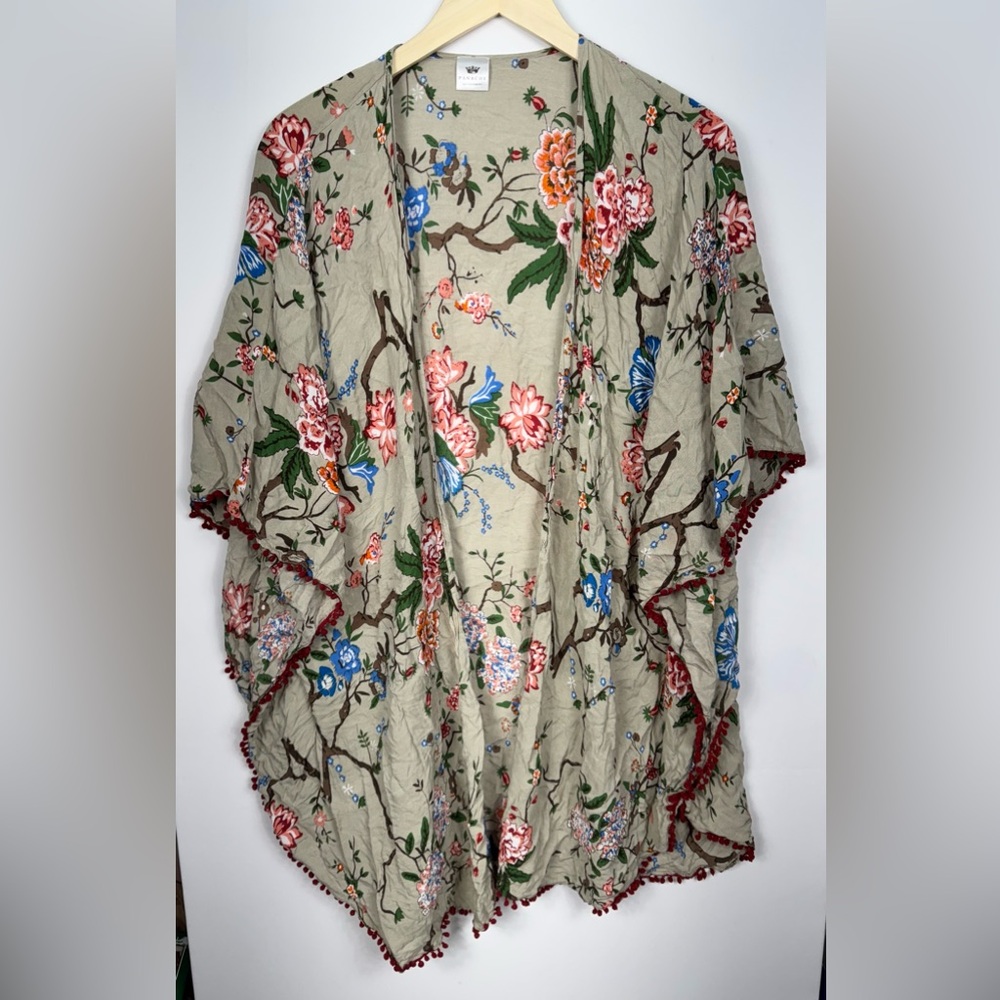 Brown Floral Panache One Sz Cover Up Kimono/ Poncho Cardigan Pom Poms Open Front